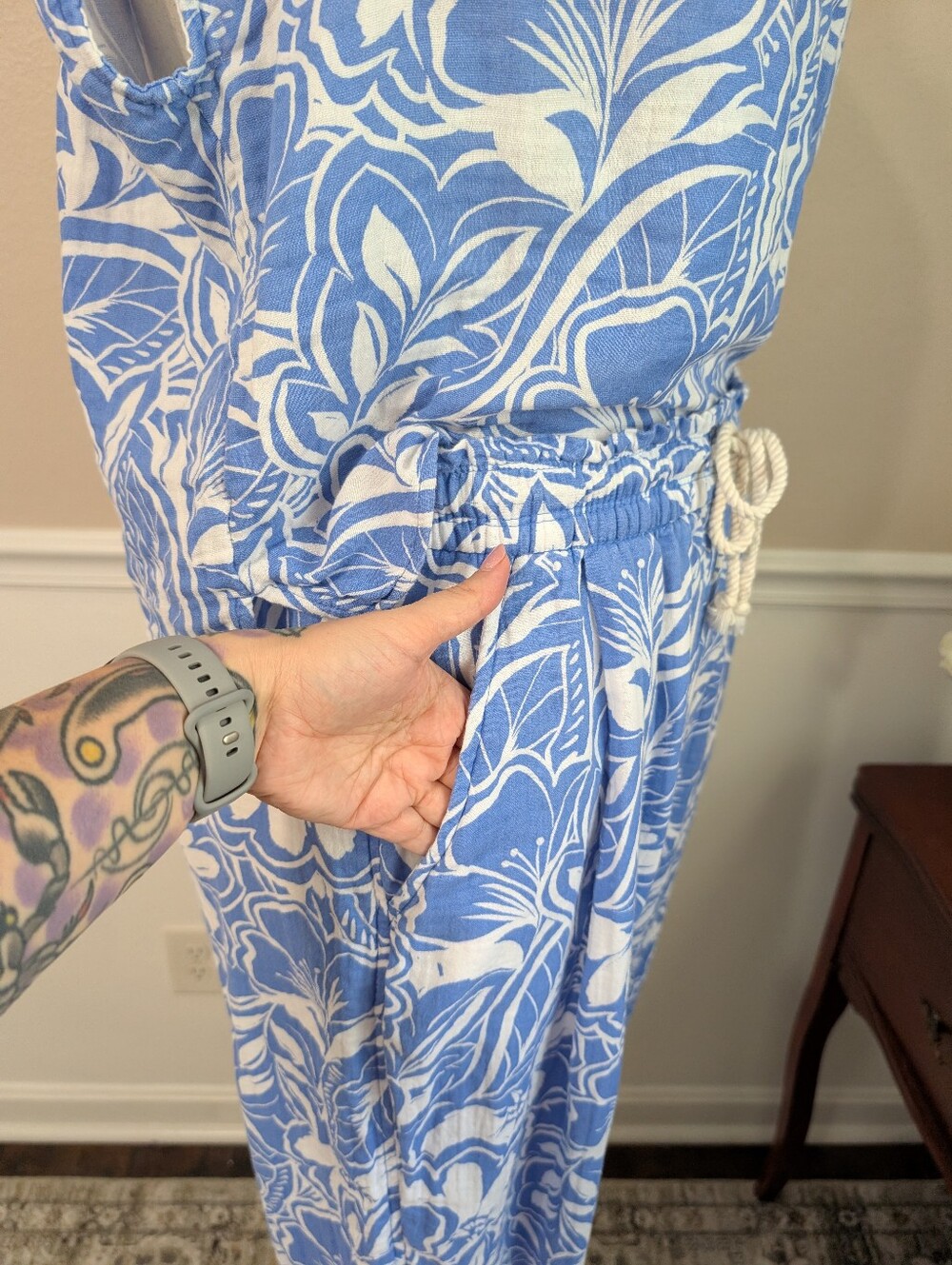 Old Navy Linen Blue And White Matching Set Barrel Leg Sizes M And L - Picture 5 of 11